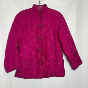 VTG Double Horse Pure Silk Magenta Pink Oriental Chinese Jacket Snap Closure M